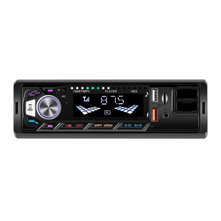 Single-DIN car MP3 player front panel angled view with volume knob and digital display