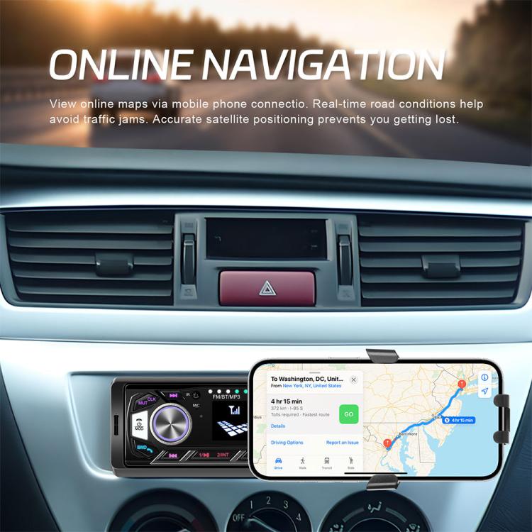 Single-DIN car MP3 player with phone holder, shown in center console with display