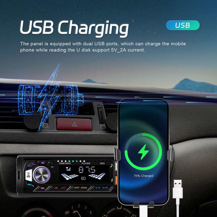 Single-DIN car MP3 player with phone charging and USB ports on the front panel
