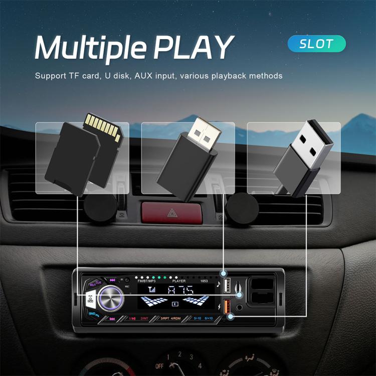 Single-DIN car MP3 player with TF card and USB playback, AUX input shown