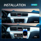 Single-DIN car MP3 player installation before-and-after with phone holder in dash