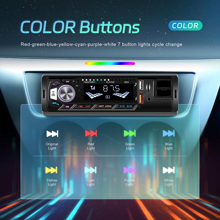 Single-DIN car MP3 player head unit with display, knob, and colorful backlit buttons