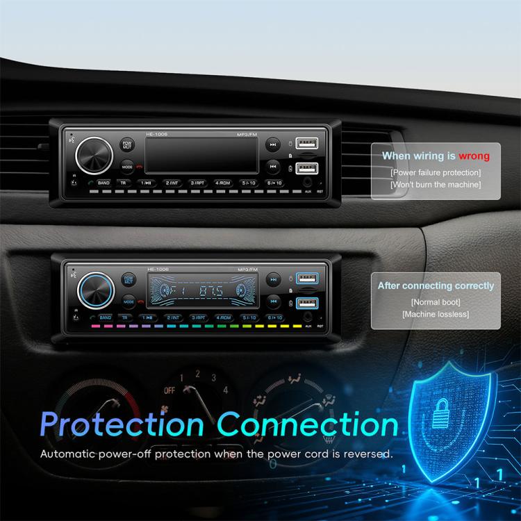 Universal car Bluetooth MP3 player with front panel controls and protection indicator