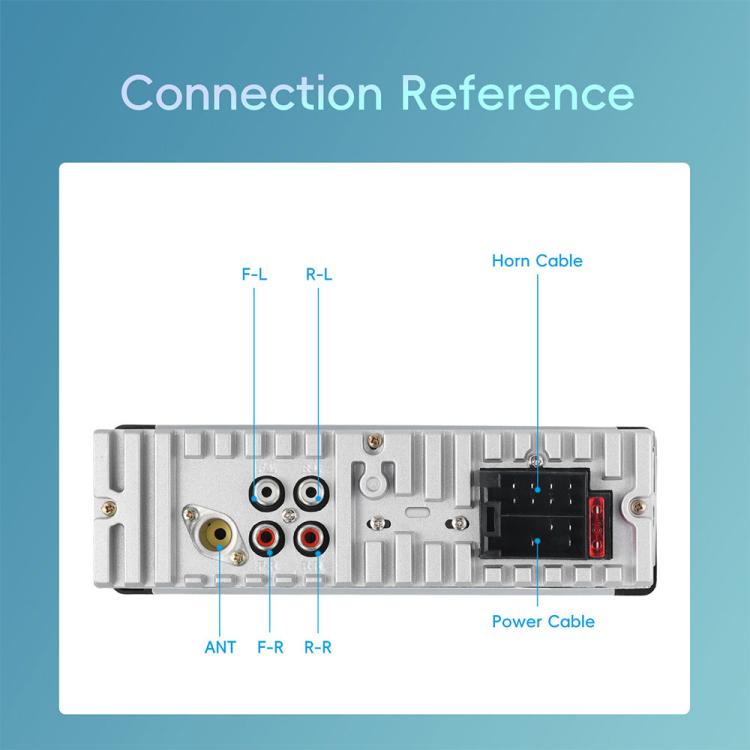 Single-DIN car radio rear connection reference with wiring ports and power cable terminals