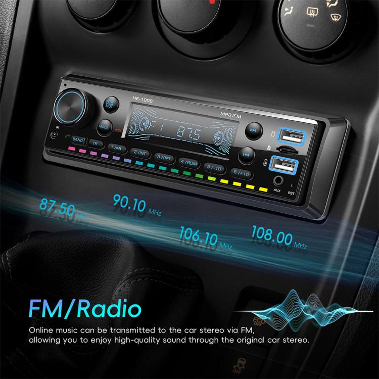 Single-DIN car stereo showing front panel with FM radio display and blue signal wave graphic