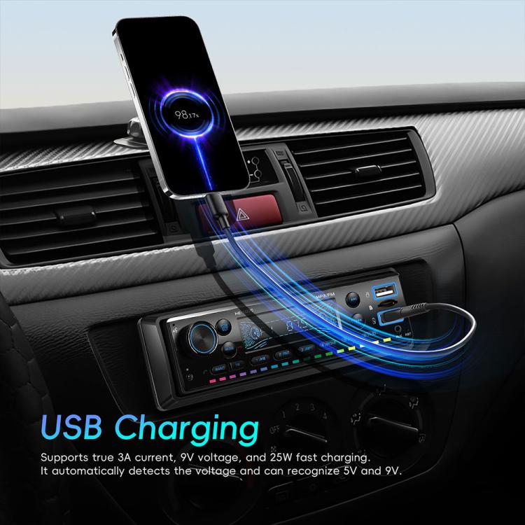 Single-DIN car head unit installed in dashboard with two USB charging ports