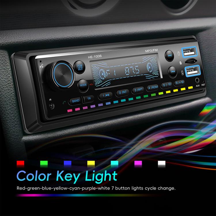 Single-DIN car Bluetooth stereo with color key backlight on the front buttons and knob