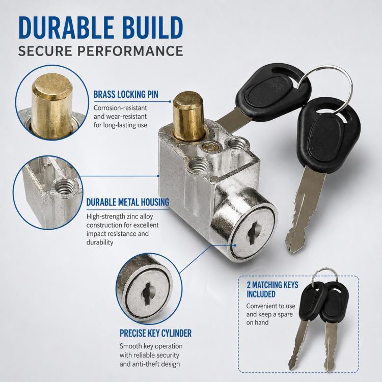 E-bike battery box anti-theft lock set with brass pin, metal housing, and two keys