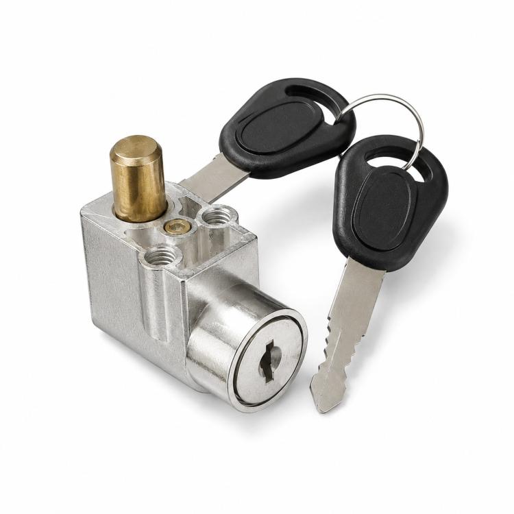 E-bike battery box anti-theft lock with silver housing, brass cylinder pin, and two keys