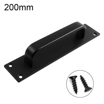 Black aluminum door pull handle with mounting plate and screw holes, 200mm.