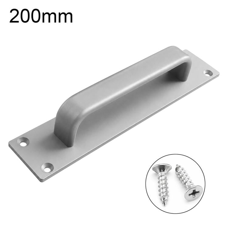 Gray aluminum door pull handle with wide grip and mounting screw holes on plate.