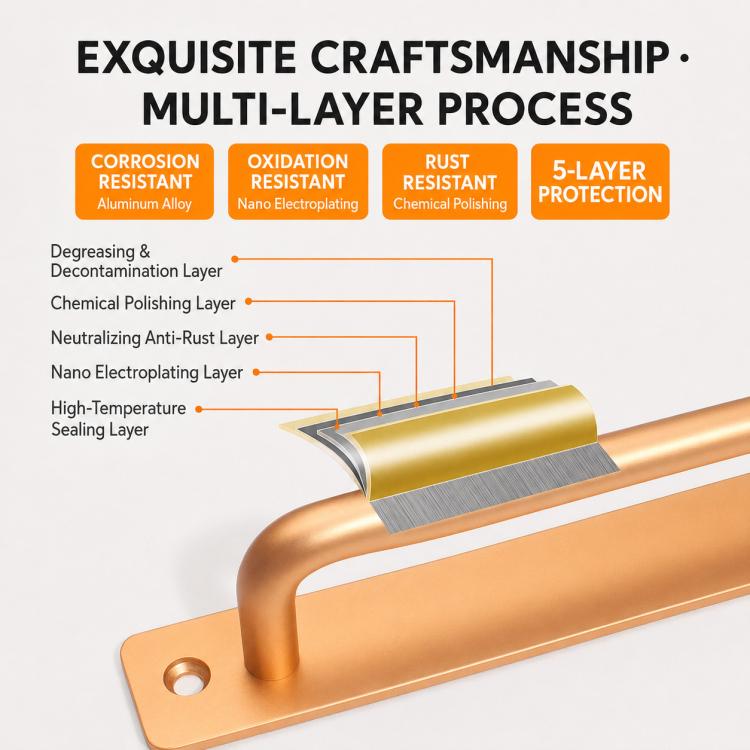 Gold aluminum door pull handle with curved wide grip and base mounting plate.