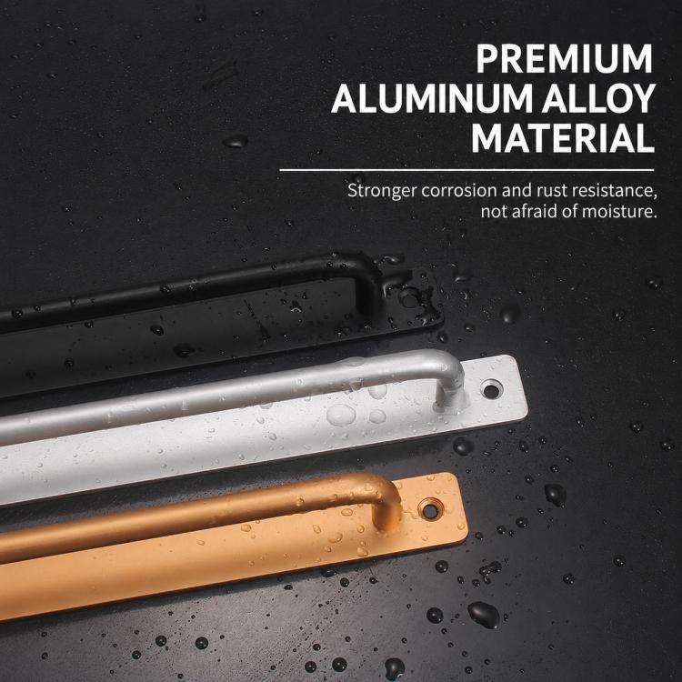 Aluminum door pull handles in black, silver, and gold with mounting plates
