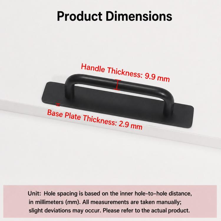 Black aluminum furniture pull handle, 148mm, no-drill style with thick base plate