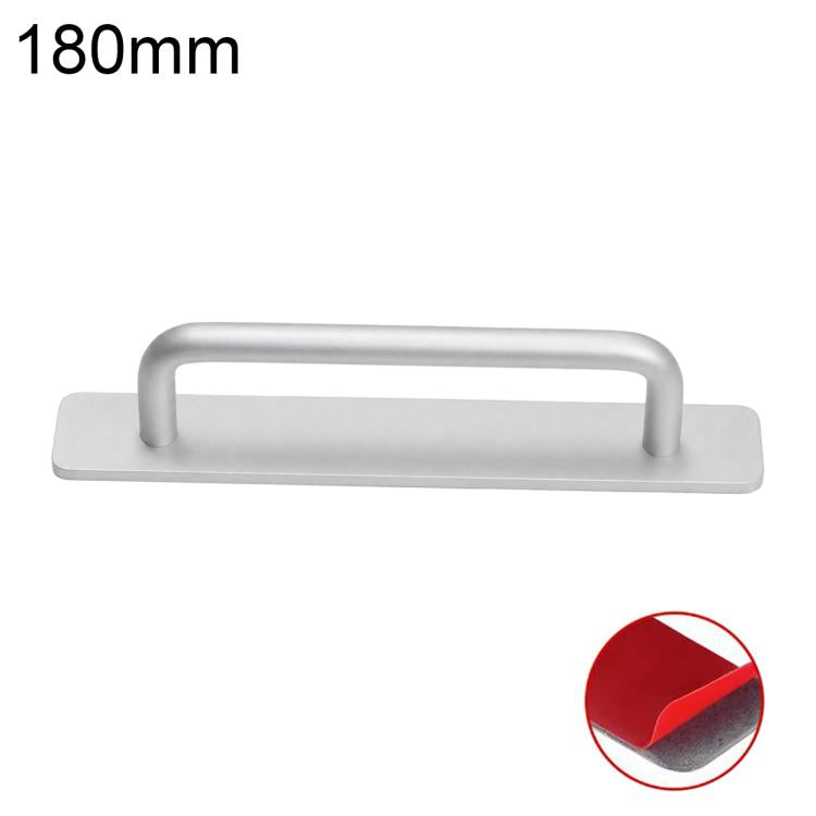 Silver aluminum furniture pull handle, 180mm, U-bar grip on rectangular base plate
