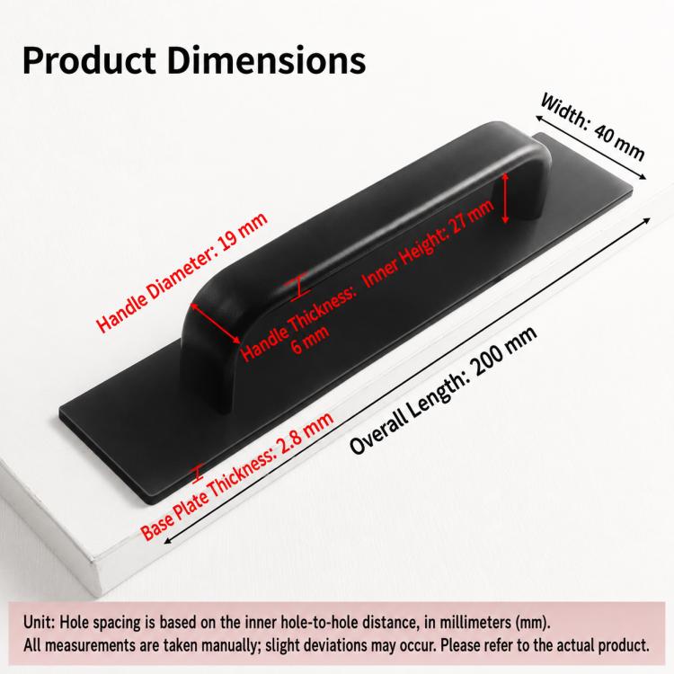 Black 200mm pull handle with wide base plate and integrated grip, front view