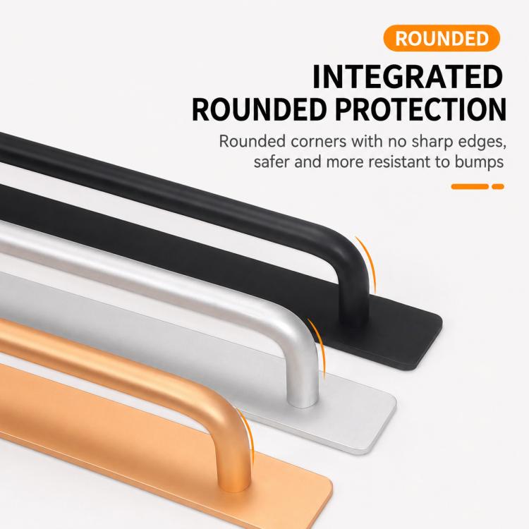 Black 200mm pull handle with rounded corners for safer bump-resistant grip