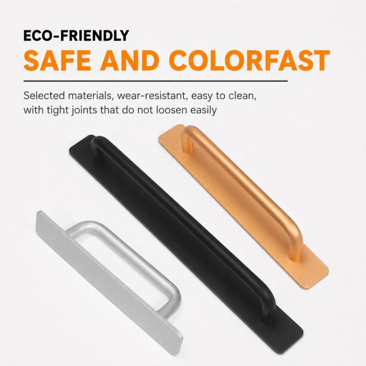 Three aluminum pull handles: black, gold-toned, and silver, each with curved ends