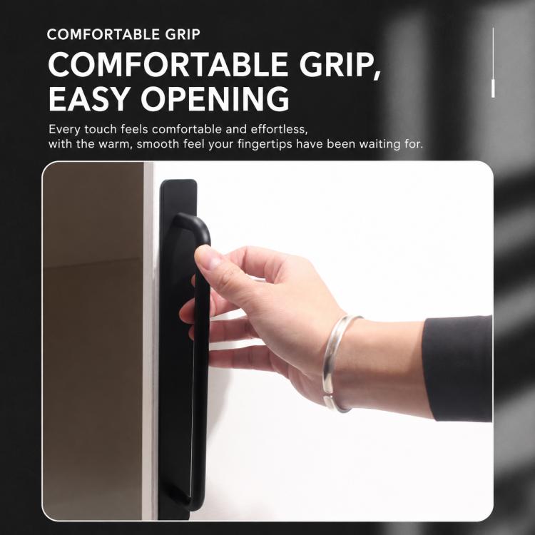 Black 200mm surface-mount pull handle with comfortable grip, being pulled by hand