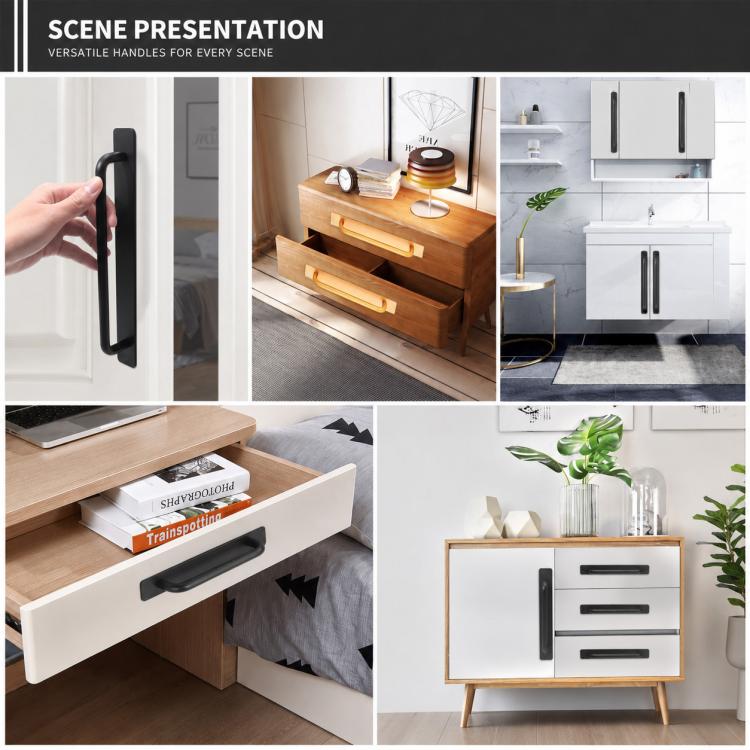 Widened furniture pull handles on cabinet doors, black and silver finishes