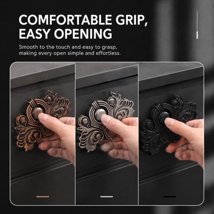 Butterfly-shaped metal pull handle showing grip and easy opening in bronze and black