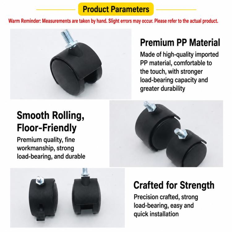 Black swivel caster wheel pair with threaded stem and metal mounting plate