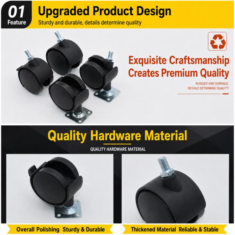 Assorted black swivel caster wheels with threaded stems and square metal base plates