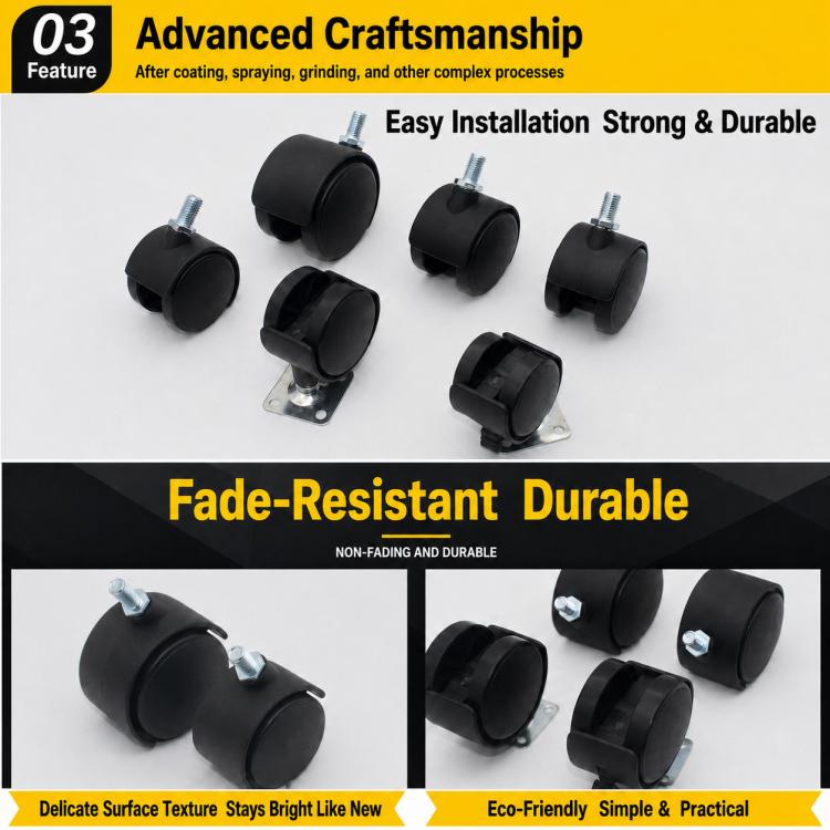 Multiple black swivel casters with threaded stems and metal base plates