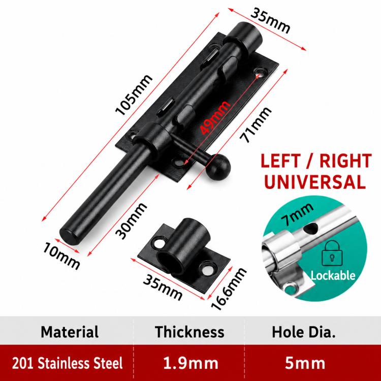 Black slide bolt latch door lock with dimensions, 7mm hole, universal left/right