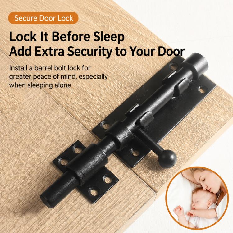 Black barrel bolt door lock with ball handle and mounting strike plate