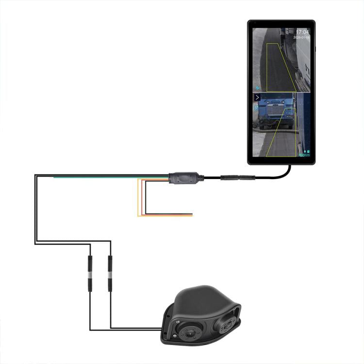 Wired rear-view monitor touchscreen with connected rear camera and cable diagram