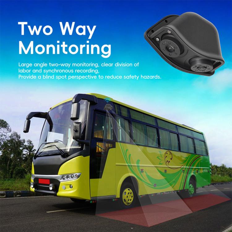 Black dual-lens rear-view DVR camera module angled for two-way vehicle monitoring