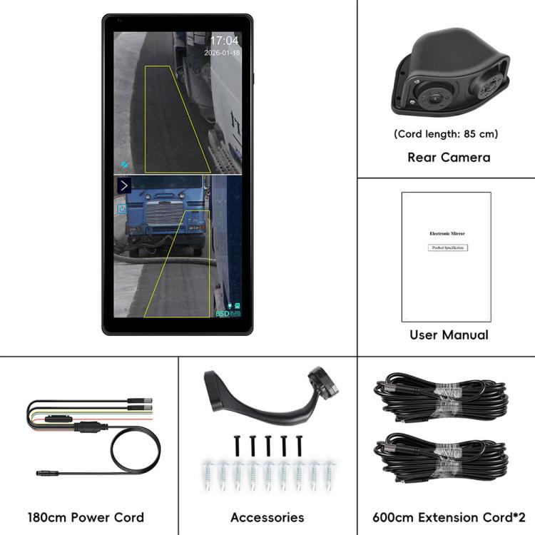 Rear-view monitor tablet with cables and mounting accessories, plus user manual