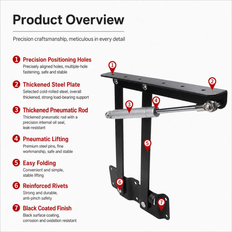 Black pneumatic lift bracket with positioning holes and steel lifting rod, diagram view