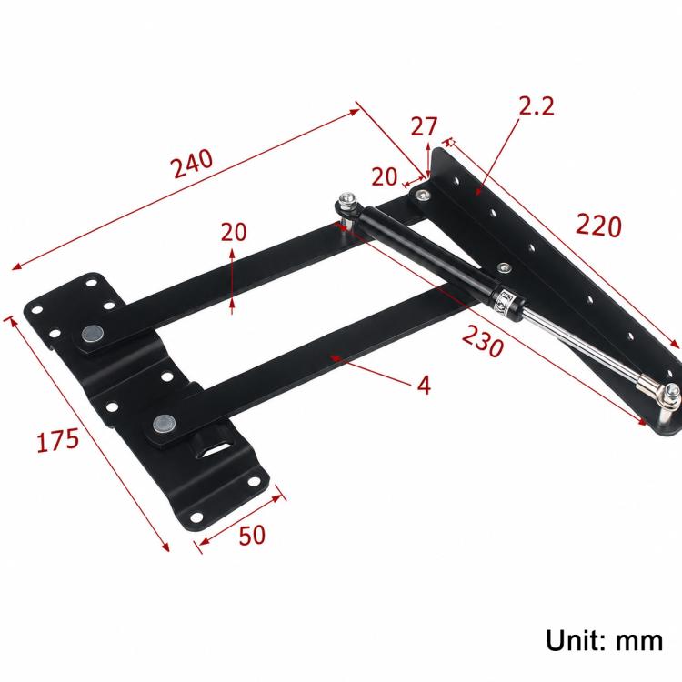 Black lift-top support bracket with metal arms and dimension markings, diagram