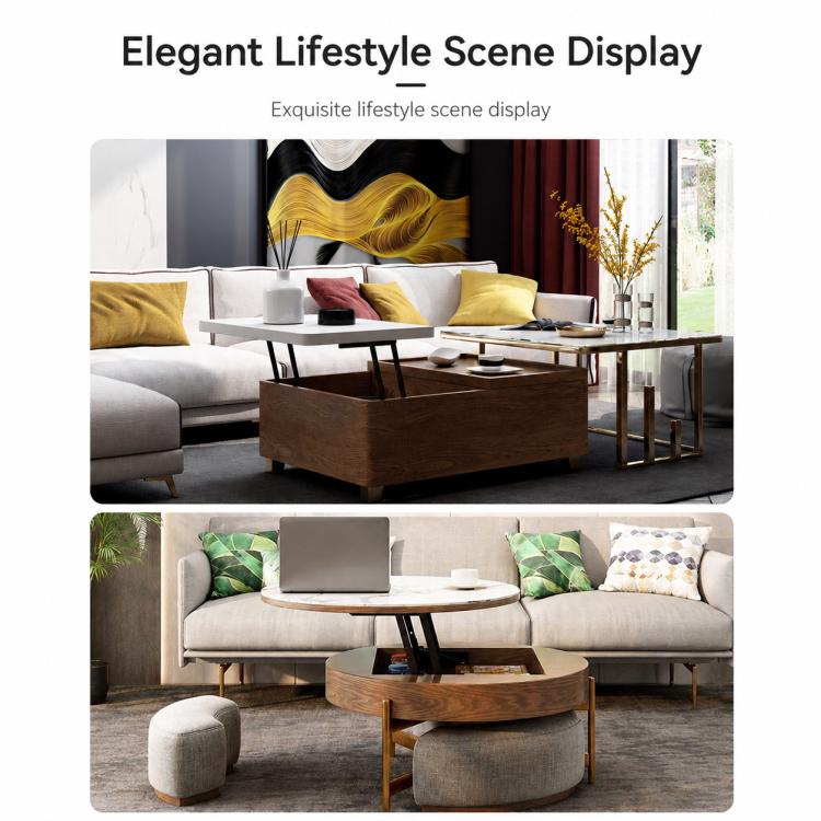 Lift-top coffee table with black metal support bracket under the tabletop