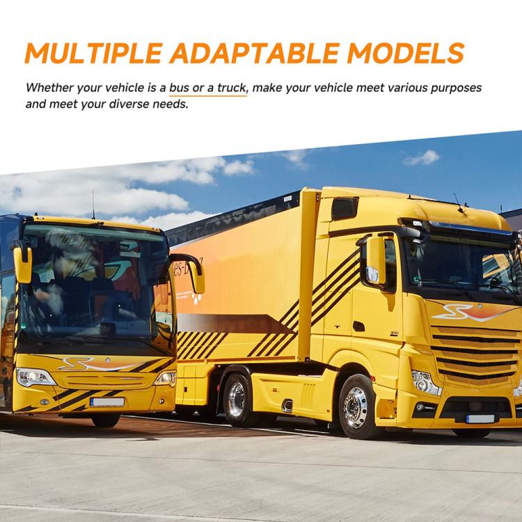 Yellow truck cab and cargo area, compatible with electronic rear-view mirror system
