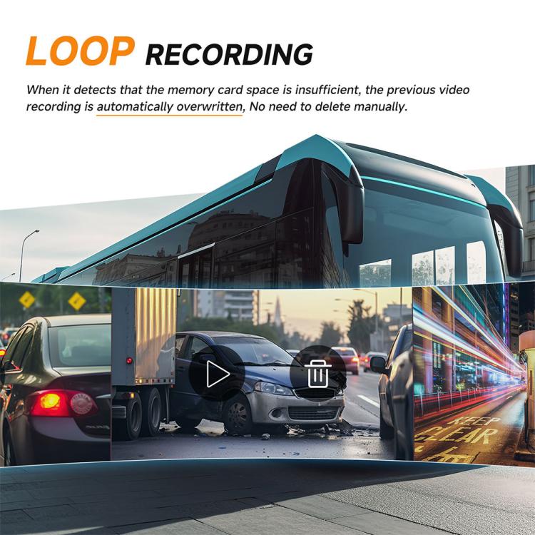 Rear-view recording on a dashcam interface with loop recording playback controls