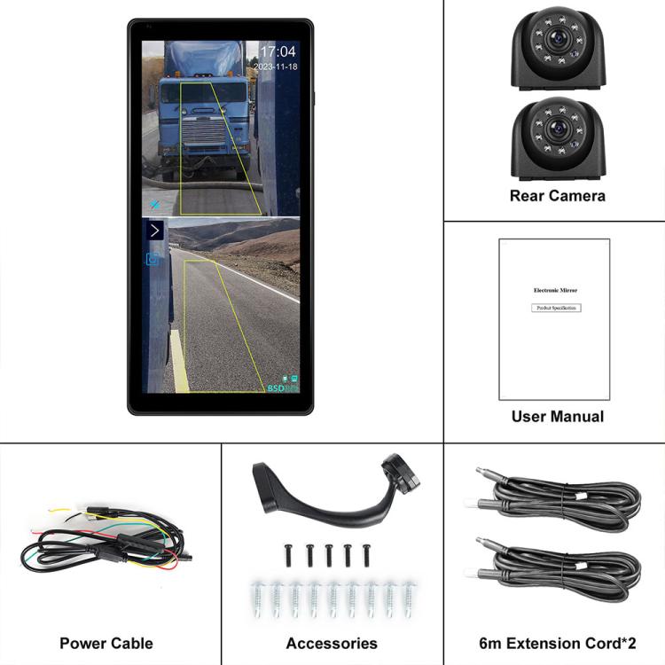 Wired touchscreen monitor kit with two rear cameras, power cable, accessories, and user manual