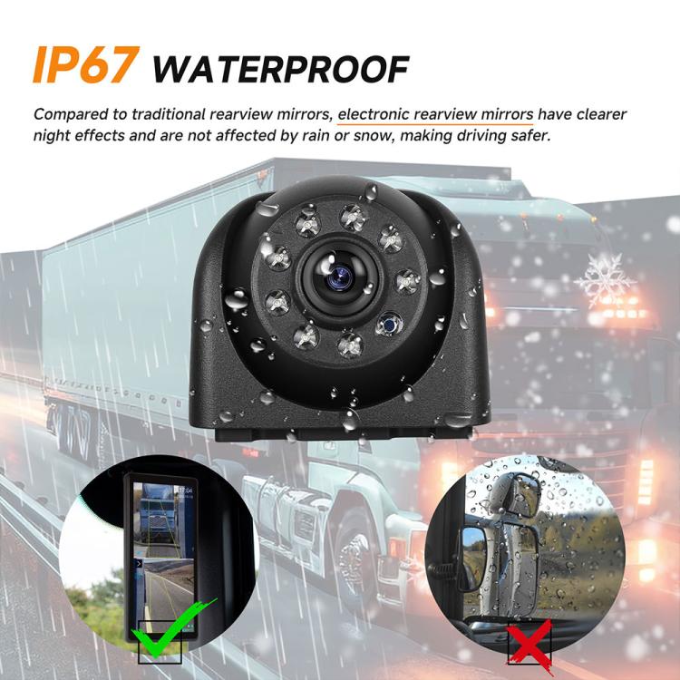 Waterproof truck rear-view camera with black housing and water droplets