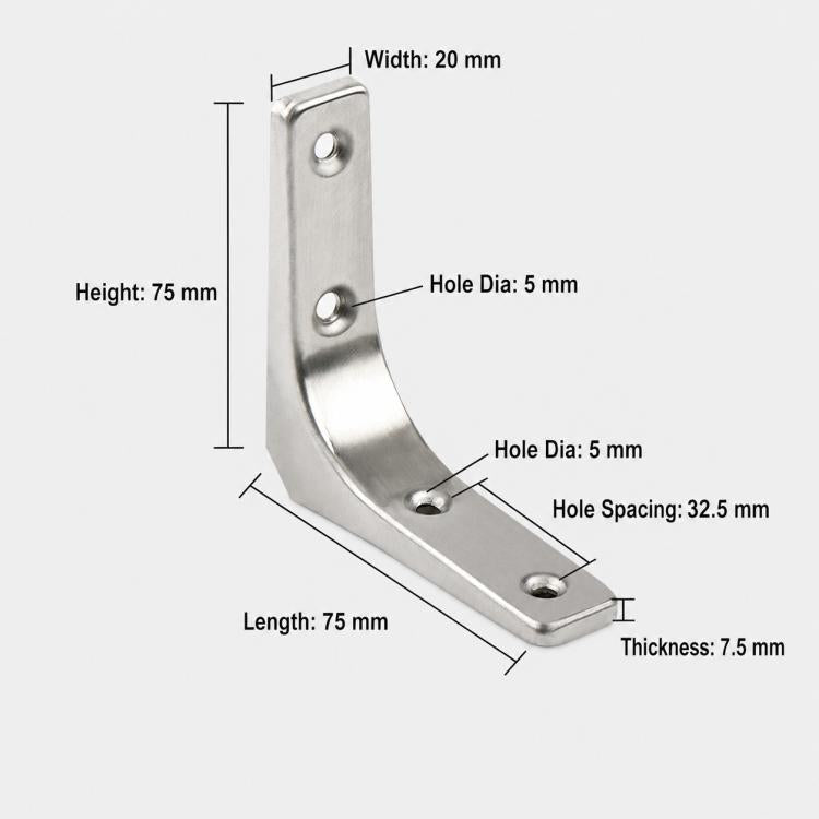 Stainless steel L-shaped shelf support brace with mounting holes, 3 in, with dimensions