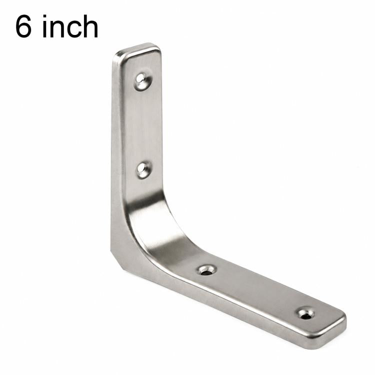 Stainless steel L-shaped shelf support brace with three mounting holes, 6 in