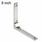 Stainless steel L-shaped shelf support brace with four mounting holes, 8 in