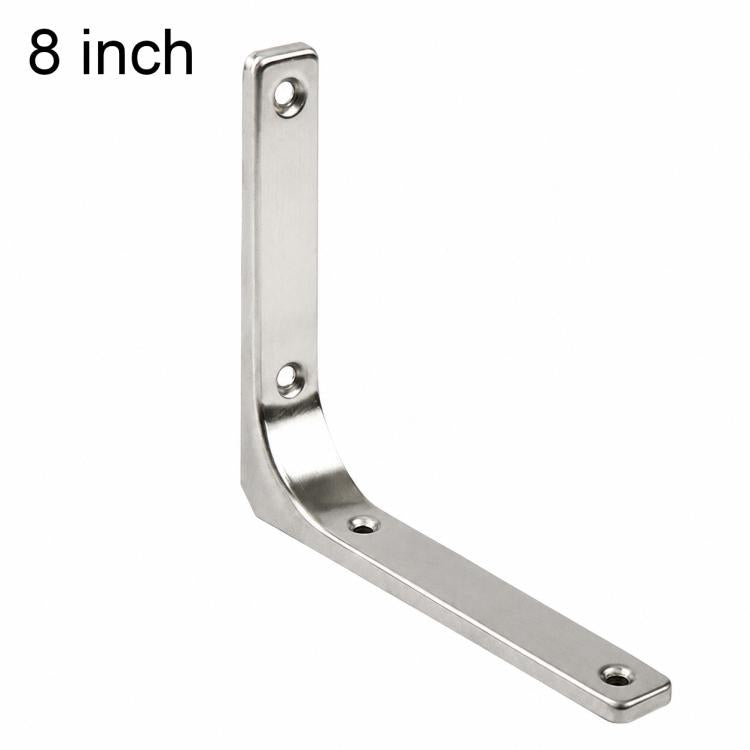 Stainless steel L-shaped shelf support brace with four mounting holes, 8 in