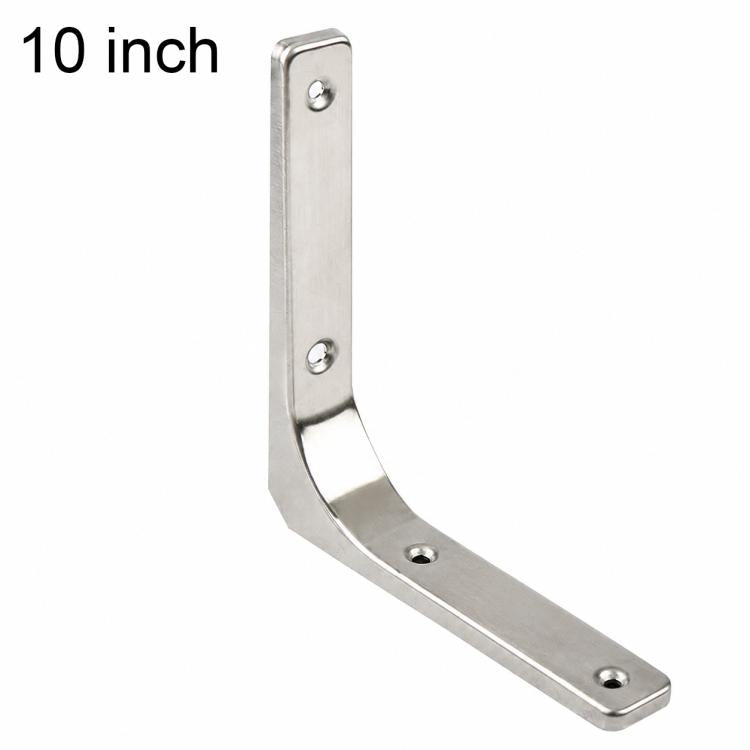 Stainless steel L-shaped shelf support brace with four mounting holes, 10 in