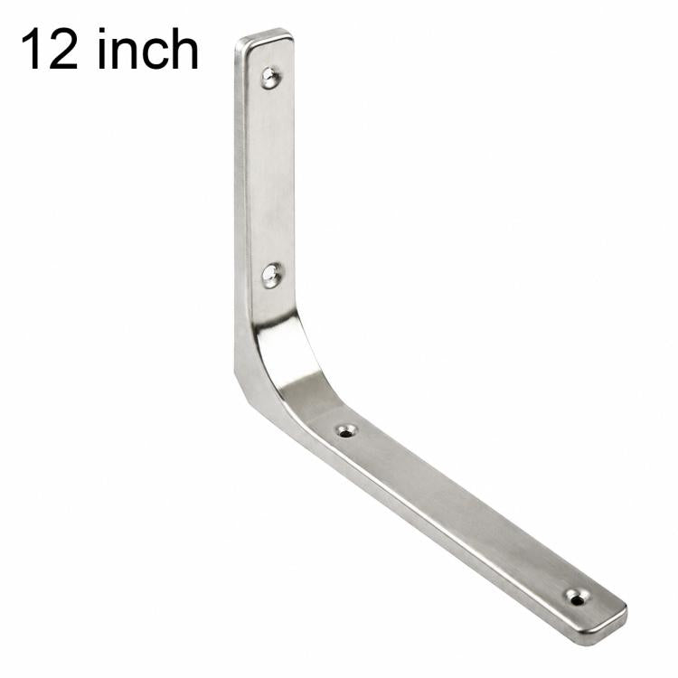 Stainless steel L-shaped shelf support brace with four mounting holes, 12 in