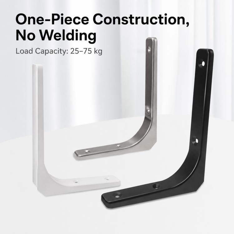 Two-piece corner shelf support brackets in silver and black with mounting screw holes