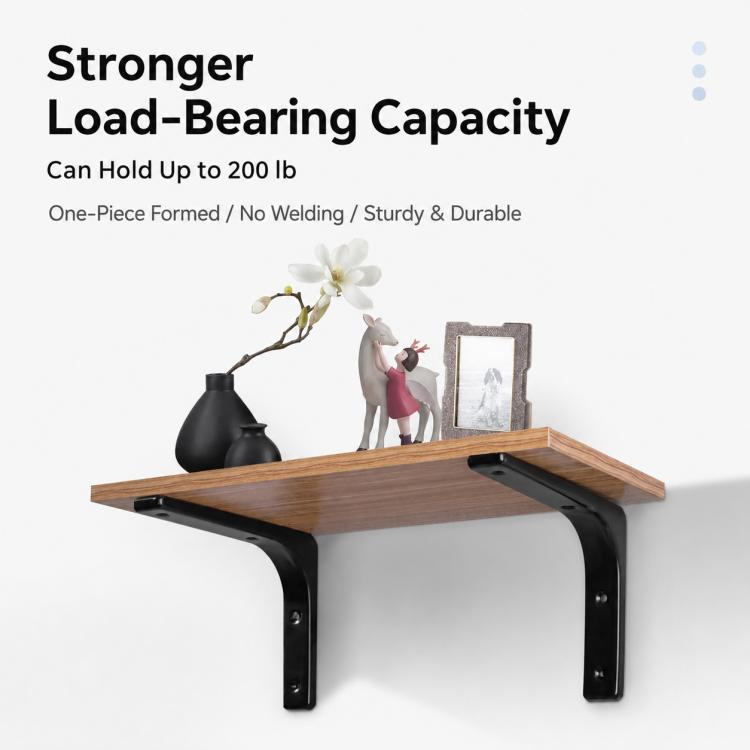 Black L-shaped shelf support bracket with mounting holes under a wooden shelf