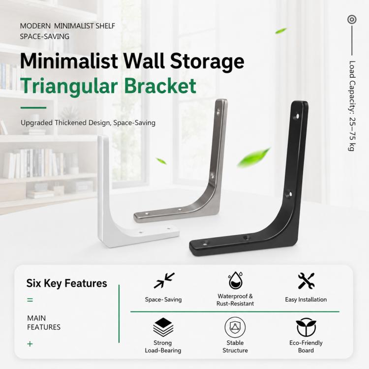 Curved L-shaped wall shelf support bracket, stainless steel, silver and black
