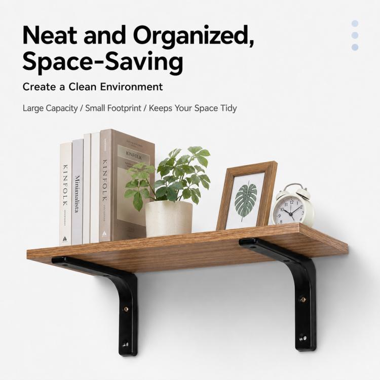 Curved L-shaped wall shelf support bracket, black finish with screw holes